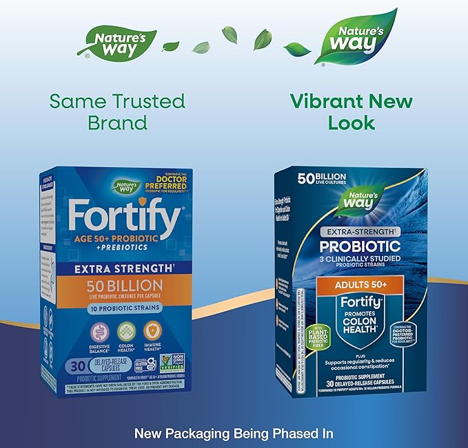 Nature’s Way Fortify Extra Strength† Probiotic Age 50+, 50 Billion Live Cultures, 11 Strains, Prebiotics, Digestive Health*, Immune Support*, Colon Health*, 30 Capsules (Packaging May Vary)