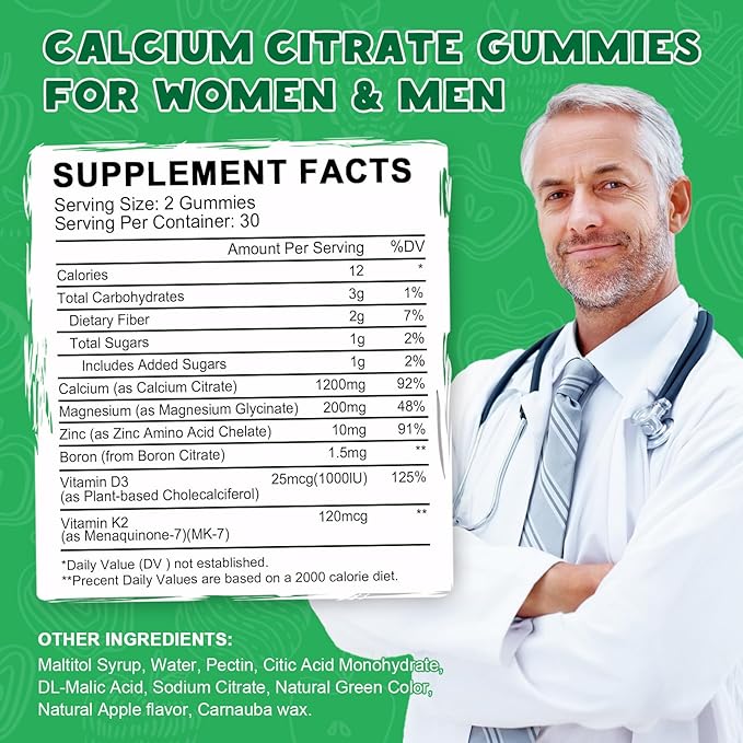 Calcium Citrate 1200 mg with Vitamin D3 Gummies, Calcium Citrate Magnesium Zinc with Vitamin D3 Supplement for Women & Men Bone & Teeth Support, Natural Apple Flavor - 30 Day Vegan Supply