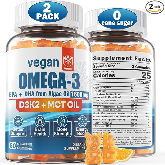 Vegan Omega 3 Gummies 1280mg + Vitamin D3 K2 (MK7), Omega 3 Fish Oil Alternative for Adults, w/Algae EPA 600mg & DHA 400mg, MCT Oil - No Fish Taste - for Brain, Eye, Immune Health, Sugar Free, 2 Pack