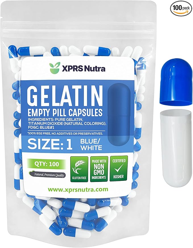 XPRS Nutra Size 1 Empty Capsules - 100 Count Empty Gelatin Capsules - Empty Pill Capsules - DIY Capsule Filling - Pure Bovine Pill Capsules Empty Gel Caps (Blue/White)
