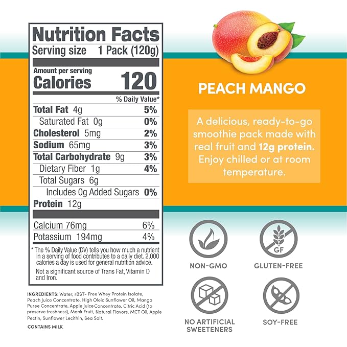 Designer Wellness Protein Smoothie, Real Fruit, 12g Protein, Low Carb, Zero Added Sugar, Gluten-Free, Non-GMO, No Artificial Colors or Flavors, Peach Mango, 24 Count