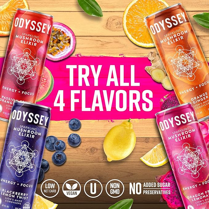 Odyssey Elixir Sparkling Adaptogen Drink, Low 12 Fl 12 Pack