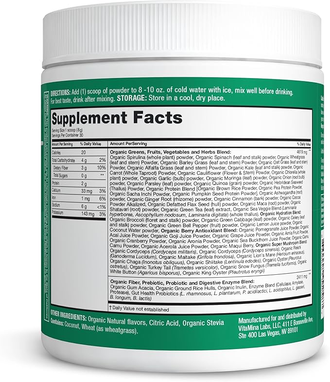 Zena Organic Super Greens Powder, 70+ Superfoods Drink Mix, 0 Sugar, 3G Fiber, Fruits, Veggies, Spirulina, Chlorella, Antioxidants, Pre & Probiotics, Digestive Enzymes, Mixed Berry Flavor, 30 Servings