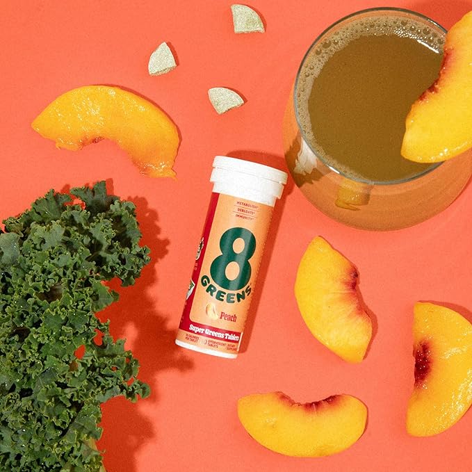 8Greens Supergreens Tablets | Super Greens Powder Superfood Tablet, Metabolism Immunity & Focus, Daily Greens Effervescent Tablets, Organic: Aloe Vera, Spirulina, Chlorella, Peach, 60 Servings