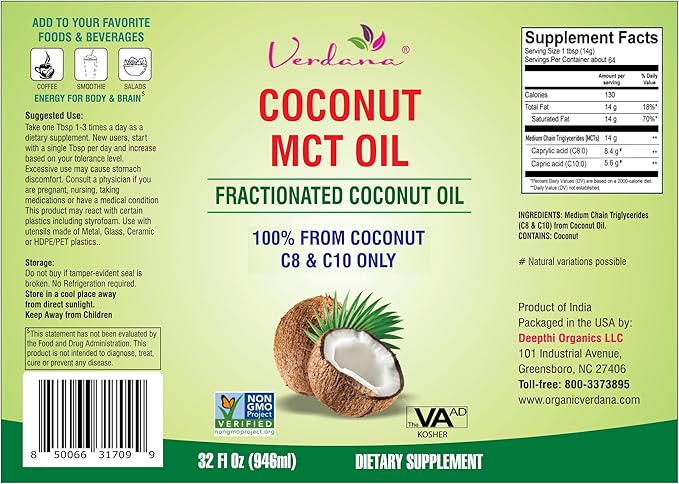 Verdana MCT Oil, Fractionated, Genuine 100% Coconut Derived, Kosher Food Grade, Vegan, Non-GMO, Great for Keto and Paleo Diet, Oil Pulling Oral Rinse Mouthwash (32 Fl Oz)
