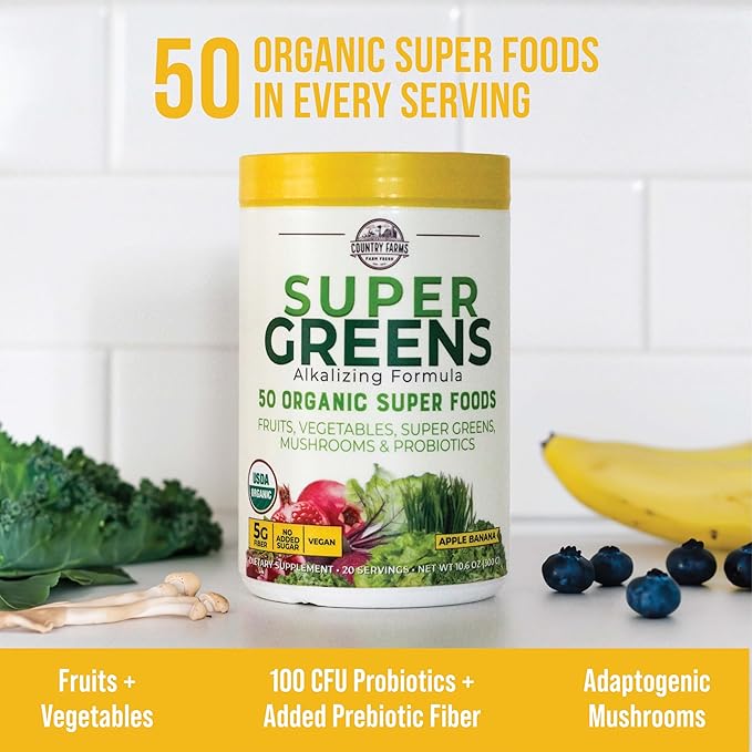 COUNTRY FARMS Super Greens Apple Banana 50 Organic 20 Servings, 10.6 Oz
