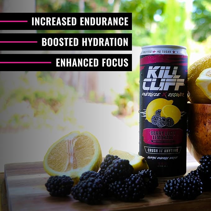Kill Cliff Recovery Energy Drink, Berry Legit Lemonade, Sugar & Gluten Free Drinks, Green Tea, Electrolytes and Natural Caffeine for Clean Energy, Hydration & Recovery, Post or Pre Workout, 12 Pack