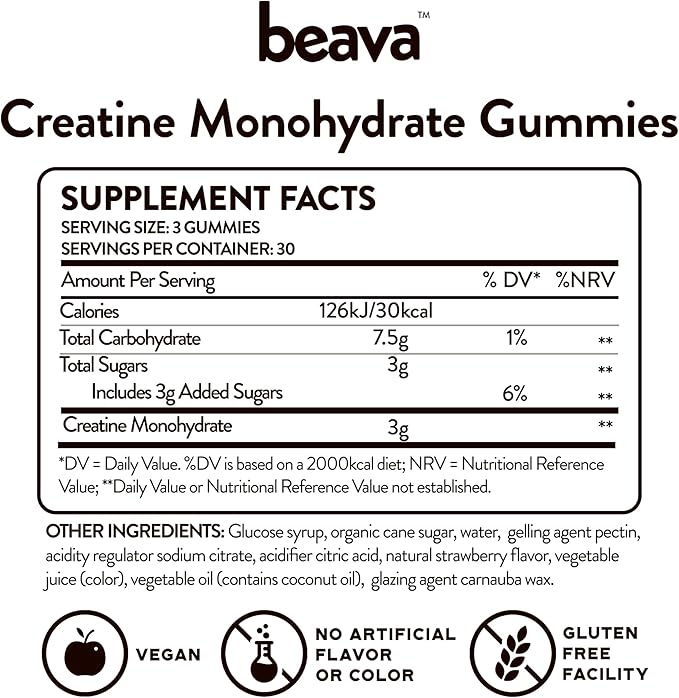 Creatine Monohydrate Gummies - 30 Servings - Vegan Creatine Chews for Muscle Growth, Muscle Recovery, Workout Recovery, Anaerobic Endurance - No Loading Phase - No Bloating - Strawberry - Low Sugar