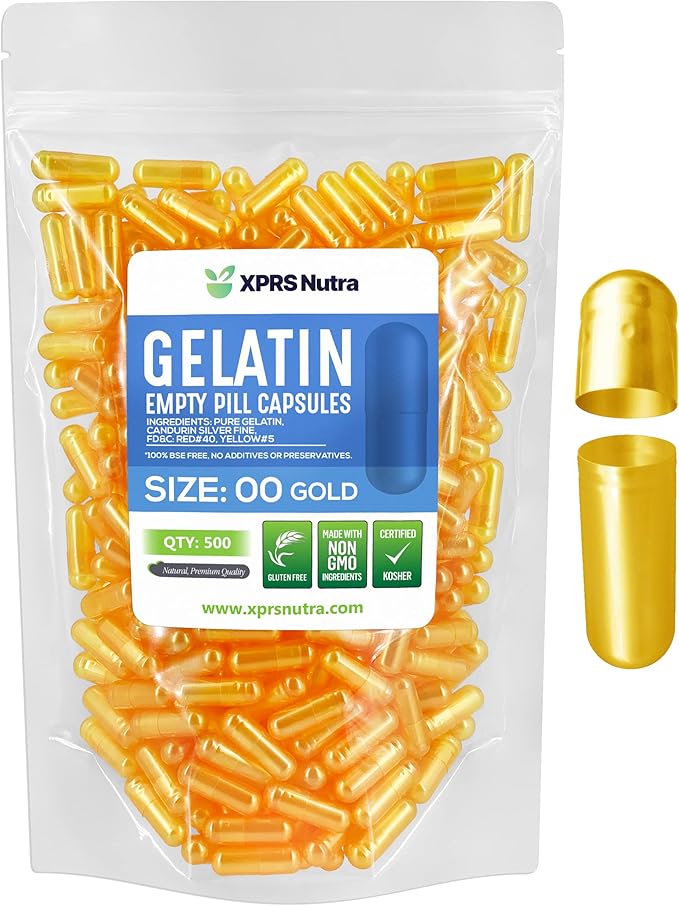 XPRS Nutra Size 00 Empty Capsules - 500 Count Empty Gelatin Capsules - Empty Pill Capsules - DIY Capsule Filling - Fillable Pill Capsules Empty Gel Caps (Gold)