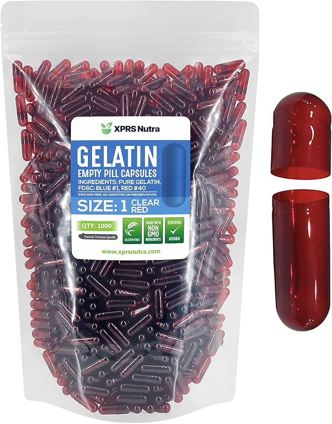 XPRS Nutra Size 1 Empty Capsules - Clear Red Colored Empty Gelatin Capsules - Empty Pill Capsules - DIY Supplement Capsule Filling - Fillable Color Gel Caps Pills (1000 Count)