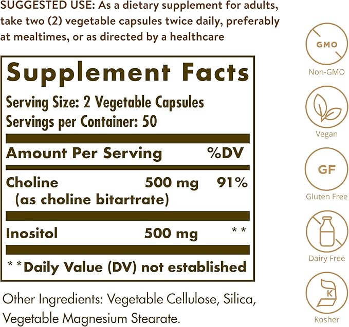 SOLGAR Choline/Inositol 500 mg/500 mg - 100 Vegetable Capsules, Pack of 2 - Non-GMO, Vegan, Kosher, Gluten Free, Dairy Free - 100 Total Servings