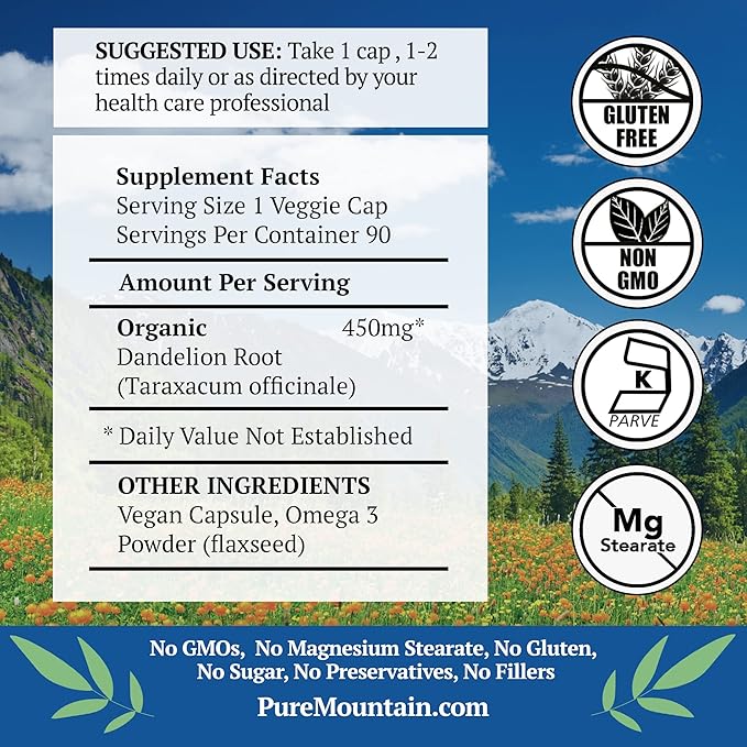 Pure Mountain Botanicals Dandelion Root Capsules 90 Kosher 450mg Organic