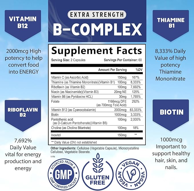 B Complex Vitamins with Vitamin B1 B2 B3 B3 B6 B6 B12 B12 B100 B100 C 120 Vegan