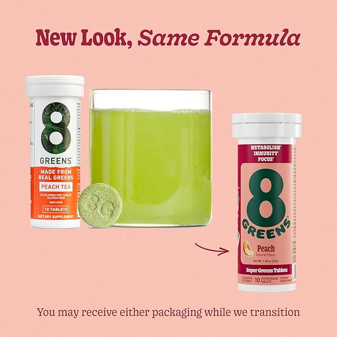 8Greens Supergreens Tablets | Super Greens Powder Superfood Tablet, Metabolism Immunity & Focus, Daily Greens Effervescent Tablets, Organic: Aloe Vera, Spirulina, Chlorella, Peach, 60 Servings