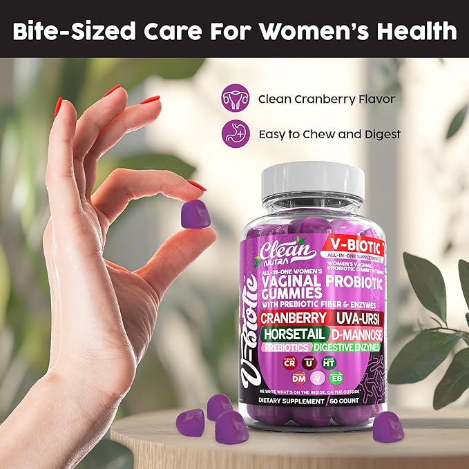 Clean Nutraceuticals Vaginal Probiotics for Women Gummies with Cranberry, Uva Ursi, Horsetail, D-Mannose, Prebiotics & Digestive Enzymes, Vaginal Health Supplement for pH Balance Flora Odor VBiotic