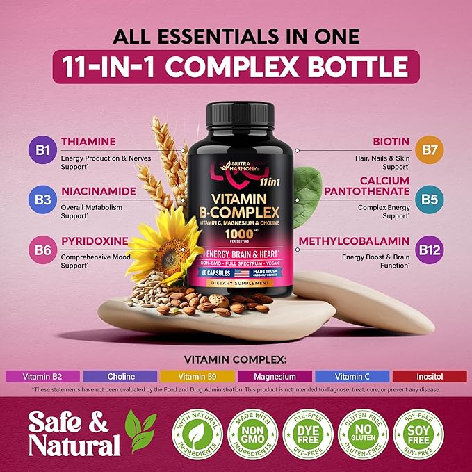 Vitamin B Complex for Men & Women 11-in-1 B-Complex: B1, B2, B2, B3, B3, B5, B5, B6, B6, B7, B7, B8, B8, B9, B9, B12 B12 with 60 Vegan