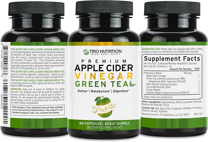 TRIO NUTRITION Apple Cider Vinegar Capsules with Green Tea - Natural Sugar Free Apple Cider Vinegar Pills with The Mother for Body Cleanse, Immune, Weight Management & Metabolism Support*