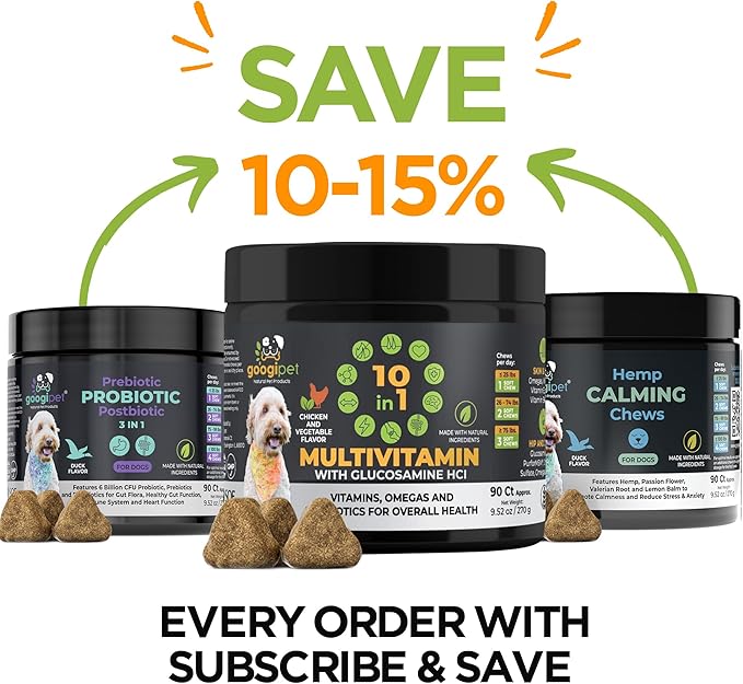 Googipet Premium 10 in 1 Dog Vitamins Multivitamin Chewable w/Dog Probiotics for Gut Health, Dog Vitamins and Supplements w/Vitamin C & Glucosamine for Joint Support (Chicken & Vegetable Flavor)
