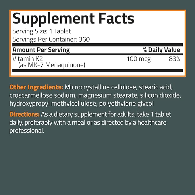 Bronson Vitamin K2 MK-7 100 MCG, K2 as MK7 Menaquinone, 1 Year 360 Tablets