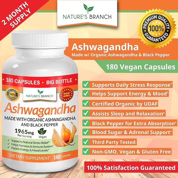 UDAF Certified Organic Ashwagandha with Black Pepper 180 Capsules 1965mg Extra
