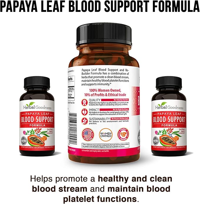Papaya Leaf Blood Support Capsules 60/450mg Veggie (1 Bottle)