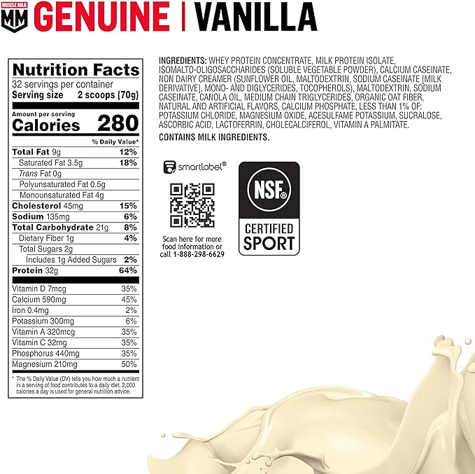 Muscle Milk Genuine Protein Powder, Vanilla 32g Protein, 4.94 Pound, 32 Servings