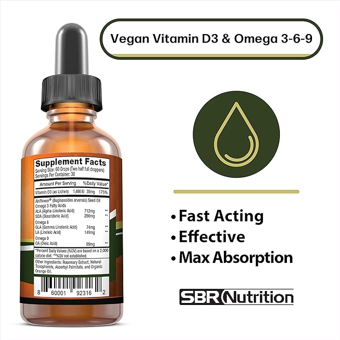 SBR Nutrition Plant-Based Vitamin D3 and 3-6-9 Liquid 2oz (60mL), (60mL), 30 30 Servings