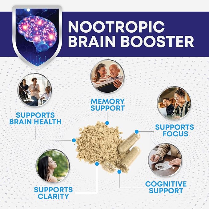 Nootropic Brain Supplements for Memory and Focus - 40 Nootropics & Vitamins to Support Clarity & Concentration, Brain Health Memory Pills with Phosphatidylserine Bacopa Huperzine & DMAE - 60 Capsules