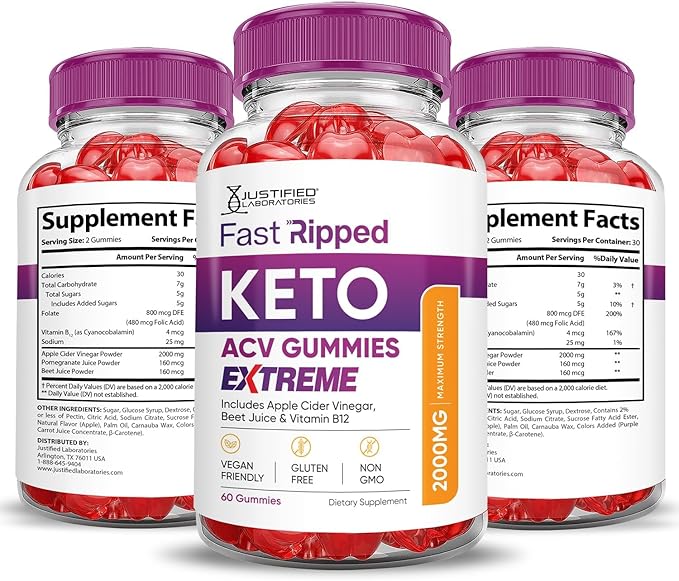 Justified Laboratories (3 Pack Fast Ripped Keto ACV Gummies Extreme 2000MG Fast Ripped Keto Gummies Apple Cider Vinegar Formulated with Pomegranate Beet Juice Powder B12 Vegan Non GMO 180 Gummys