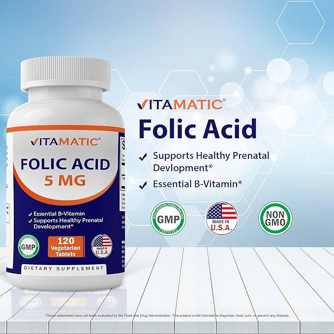 Vitamatic 2 Pack Folic Acid 5mg (5000 mcg) - 120 Vegetarian Tablets - (Vitamin B9 Folate) (Total 240 Tablets)
