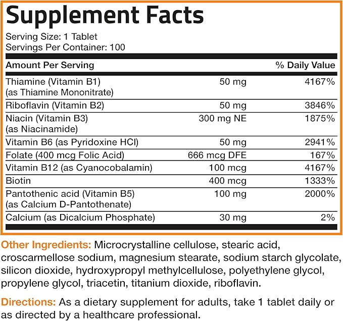 Bronson Vitamin B Complex (Vitamin B1, B2, B3, B3, B6, B6, B9 B9 - B12), 100 100 Tablets
