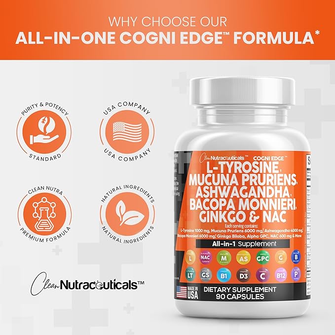 Clean Nutraceuticals L Tyrosine 1000mg Mucuna 6000mg Bacopa 500mg Ashwagandha 4000mg Focus 600mg NAC 5-HTP Ginkgo B1 B12 B12