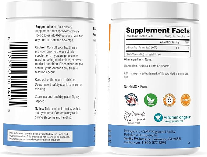 Sandhu's L-Glutamine Powder 100 Servings, 500 Gram, 17.6 Oz., 3 Months