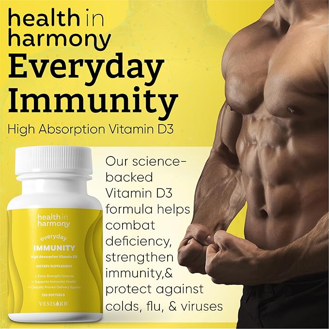 Everyday Immunity 4000 iu Vitamin D3 Supplement - Fast Acting Immune Support Supplement for Bone/Cellular Health - Non GMO, Dietary Supplements - Utilizes VesisorbĀ® (60 softgels)