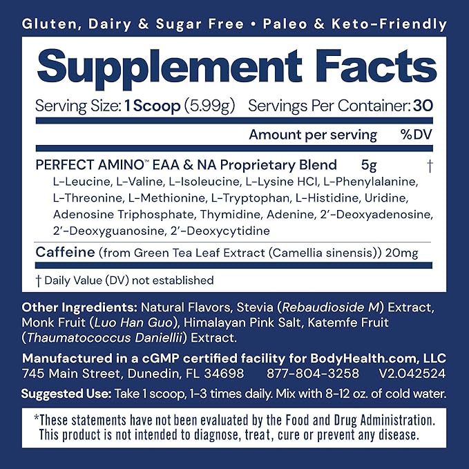 BodyHealth PerfectAmino Powder - BCAA and EAA Powder for Pre and Post Workout - Amino Acid Energy Drink Powder for Men and Women to Support Lean Muscle and Recovery - Mocha - 30 Servings