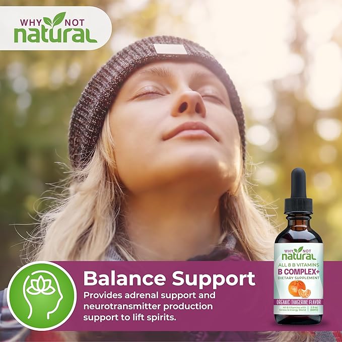 Why Not Natural Vitamin B Complex Liquid Drops - Supplement for Women - Vegan and Sublingual Forms of B1 B2 B3 B5 B6 Biotin Folate and Choline - Plus Blend for Energy Support