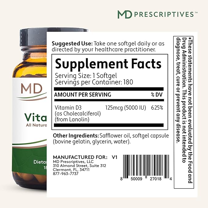 Vitamin D3 180 Gelcaps - Maximum Absorption for Strong Bones, Muscle & Immune Support, Non GMO Vegetarian Softgels, 125 mcg (5,000 IU)