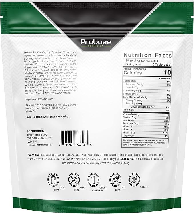 Organic Spirulina Supplement, 3000MG Per Serving, 720 Tablets (4 Month
