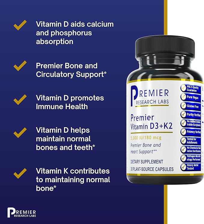 Premier Research Labs: Vitamin D3 + K2 Supplements 5000 IU 30 Plant-Source