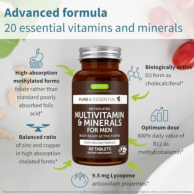 Igennus Methylated Men's Multivitamin, MTHFR Supplement with Active B-Vitamins, 21 Highly Bioavailable Nutrients, Multivitamin for Sustained Release, Clean Label, Non-GMO & Halal 60 Tablets