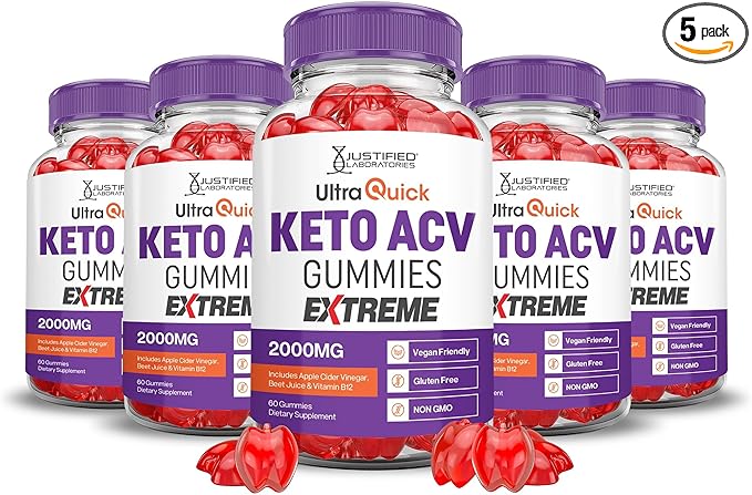 Justified Laboratories (5 Pack Ultra Quick Keto ACV Gummies Extreme 2000MG Ultraquick Keto Gummies Apple Cider Vinegar Formulated with Pomegranate Beet Juice Powder B12 Vegan Non GMO 300 Gummys