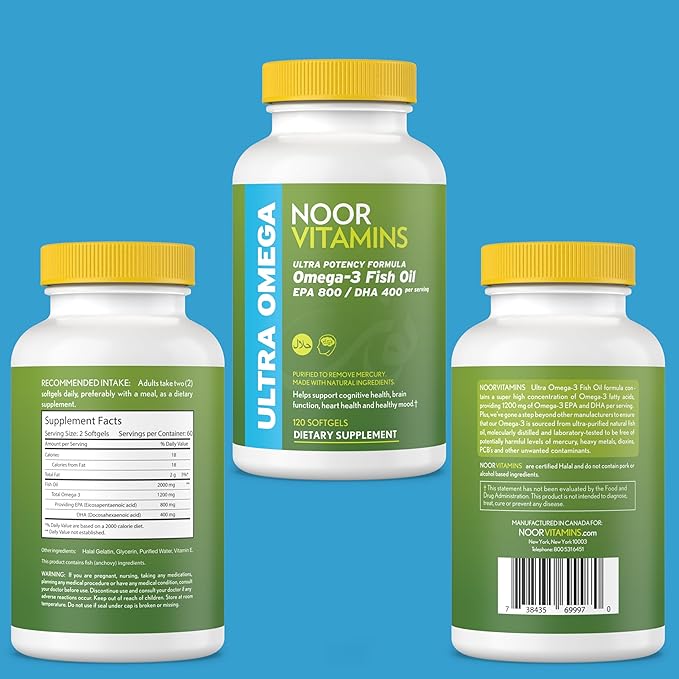 Noor Vitamins Halal Fish Oil, Halal 3 Wild (800 mg 400 mg (120 count)