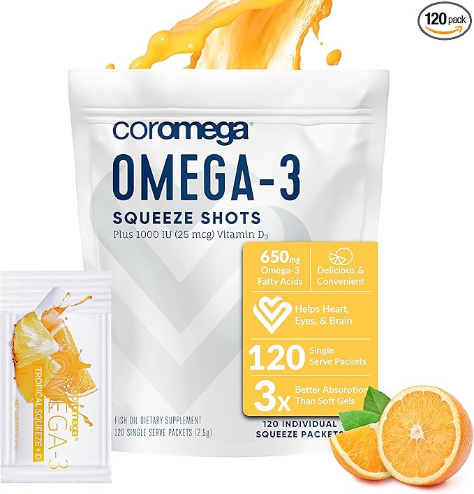 Coromega Omega 3 Fish Oil Supplement D3, 650mg 650mg of Omega-3s with 3X Better 120 Single