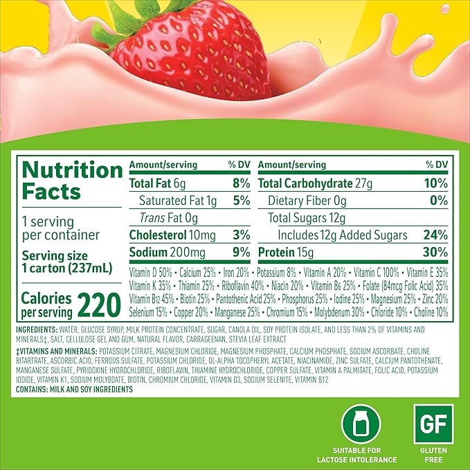 Carnation Breakfast Essentials High Protein Nutritional Drink, Ready-to-Drink, 15g Protein, Vitamins C & D for Immune Support, Calcium, Gluten-Free, Kosher, Creamy Strawberry, 8 FL OZ Carton (24 Pack)