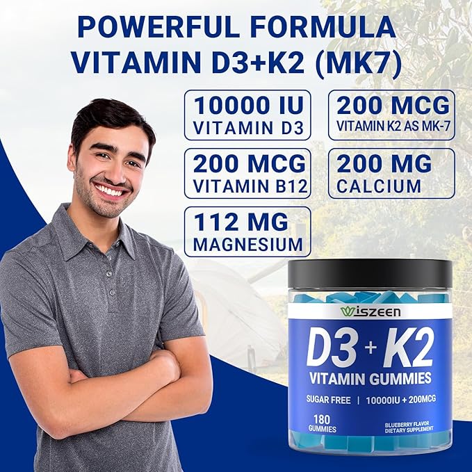 Sugar-Free Vitamin D3 K2 Gummies, Vitamin D3 10000iu & Vitamin K2(MK7) 200mcg with Calcium, Magnesium, Vitamin B12 for Bone Muscle Teeth Immune, Vegan