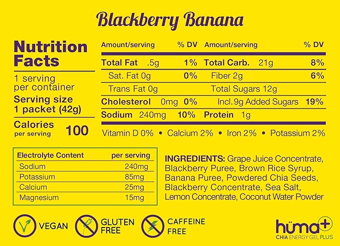 Huma Plus (Double Electrolytes) - Chia Energy Gel, BlackBerry Banana, 12 Gels - Stomach Friendly, Real Food Energy Gels