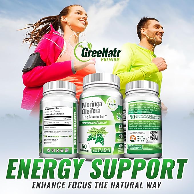 Pure Moringa Oleifera Leaf Extract Veggie Capsules 1000 mg. Natural Herbal Supplement. Energy, Mood, Memory and Focus Support. Premium Green Superfood (3 Bottles)