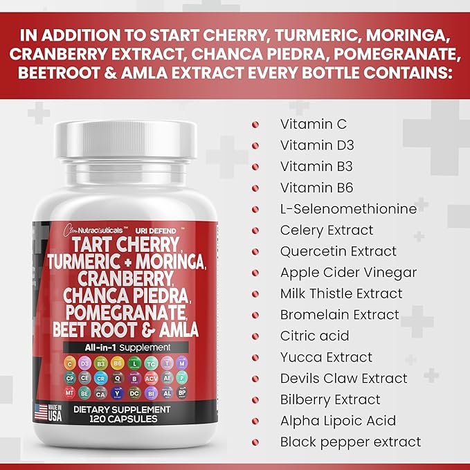 Clean Nutraceuticals Tart Cherry Extract Capsules 20,000mg with 8000mg Moringa 4000mg Cranberry 2000mg Chanca 120 Ct