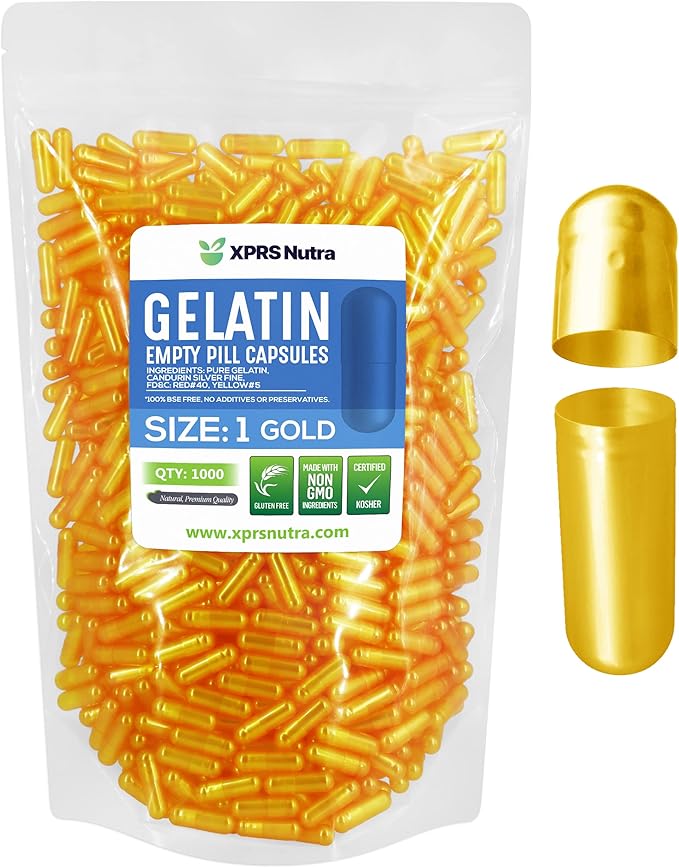 XPRS Nutra Size 1 Empty Capsules - 1000 Count Empty Gelatin Capsules - Empty Pill Capsules - DIY Capsule Filling - Pure Bovine Pill Capsules Empty Gel Caps (Gold)