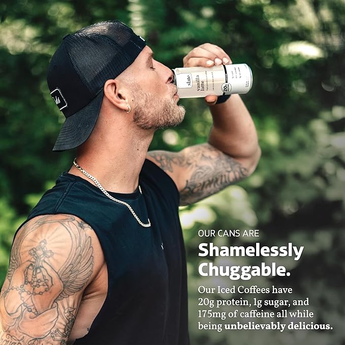 Slate Milk - High Protein Iced Coffee - Vanilla Latte - 175mg Caffeine, Lactose Free Energy - 20g Protein, 1g Sugar, 100 Calories, 1g Net Carbs, No Sugar Added - Protein Coffee - 11 fl oz, 48 Cans